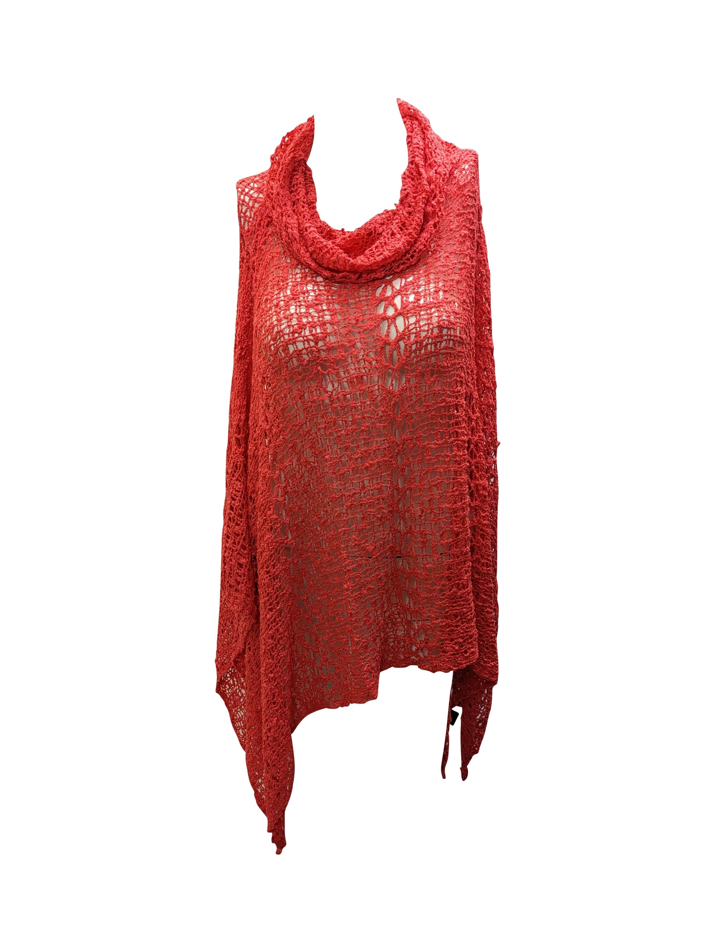 Womens Plus Size Boho Crochet Cowl Neck Knit Poncho Shawl Pullover Top Free Size 8 - 28 - CORAL