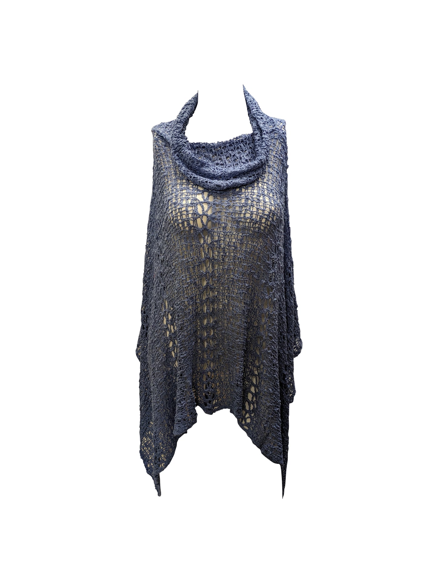 Womens Plus Size Boho Crochet Cowl Neck Knit Poncho Shawl Pullover Top Free Size 8 - 28 - MID BLUE