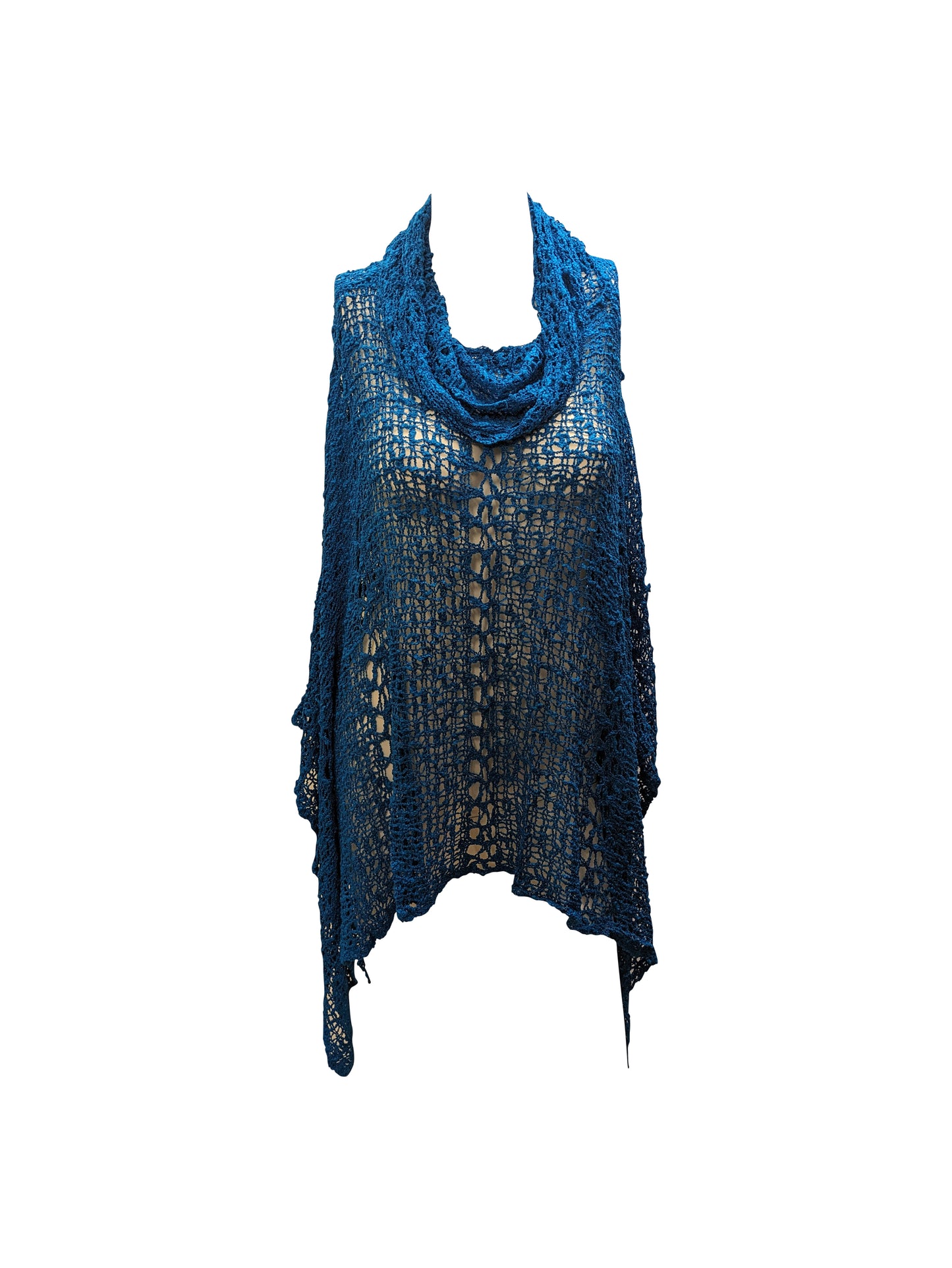 Womens Plus Size Boho Crochet Cowl Neck Knit Poncho Shawl Pullover Top Free Size 8 - 28 - PETROL BLUE