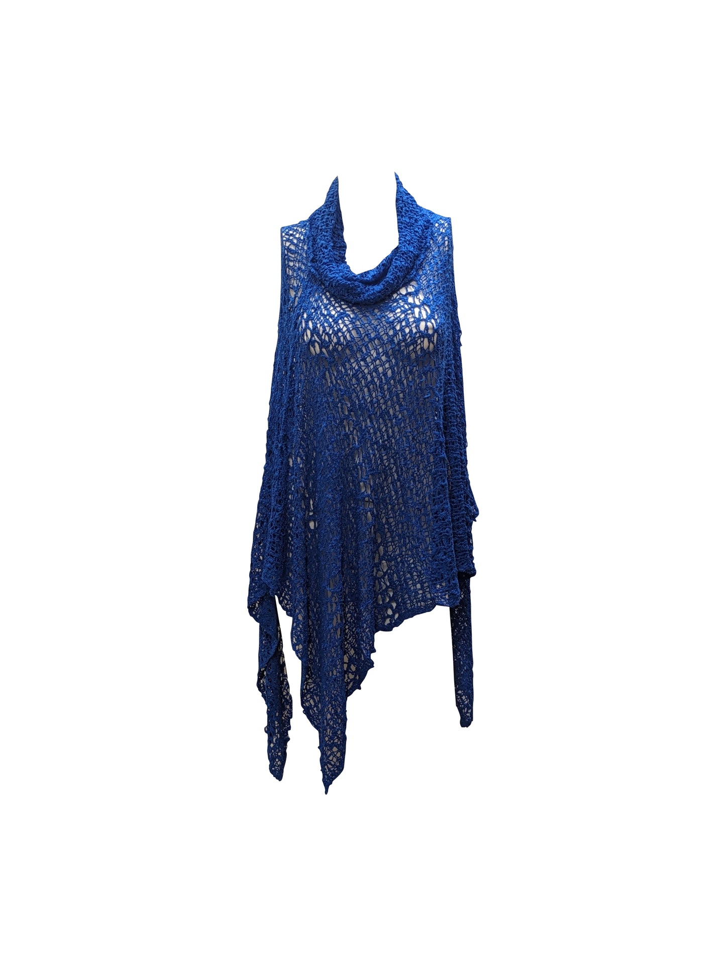 Womens Plus Size Boho Crochet Cowl Neck Knit Poncho Shawl Pullover Top Free Size 8 - 28 - ROYAL BLLUE