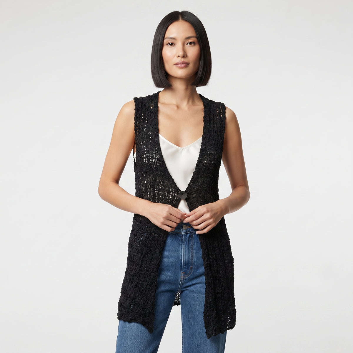Womens Handmade Boho Crochet Sleeveless Knit Cardigan Longline Jacket Free Size One Size UK 8-20 Black