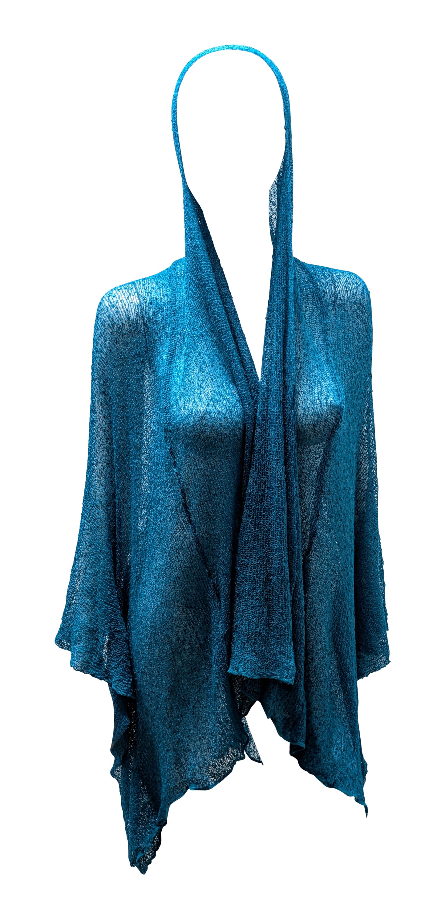 Womens Knit Shrug Boho Crochet Hood Cardigan Long Cover up Top Free Size 14-20 Petrol Blue
