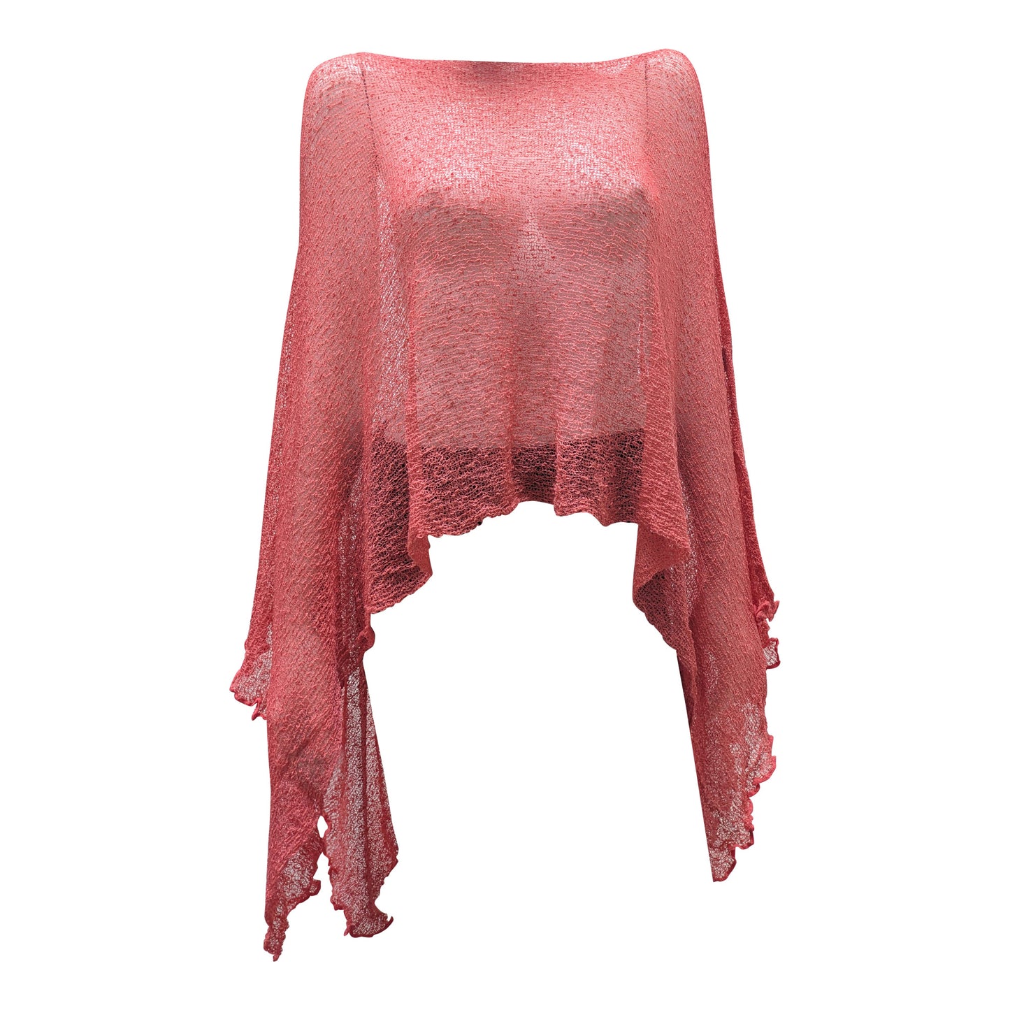 Plus Size Crochet Knit Poncho: Boho Pullover Shawl, Free Size 8-26 - Coral