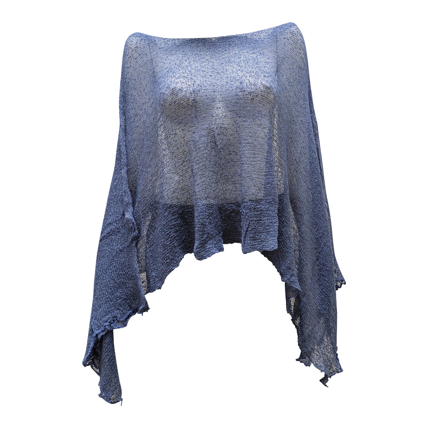 Plus Size Crochet Knit Poncho: Boho Pullover Shawl, Free Size 8-26 - Denim Blue