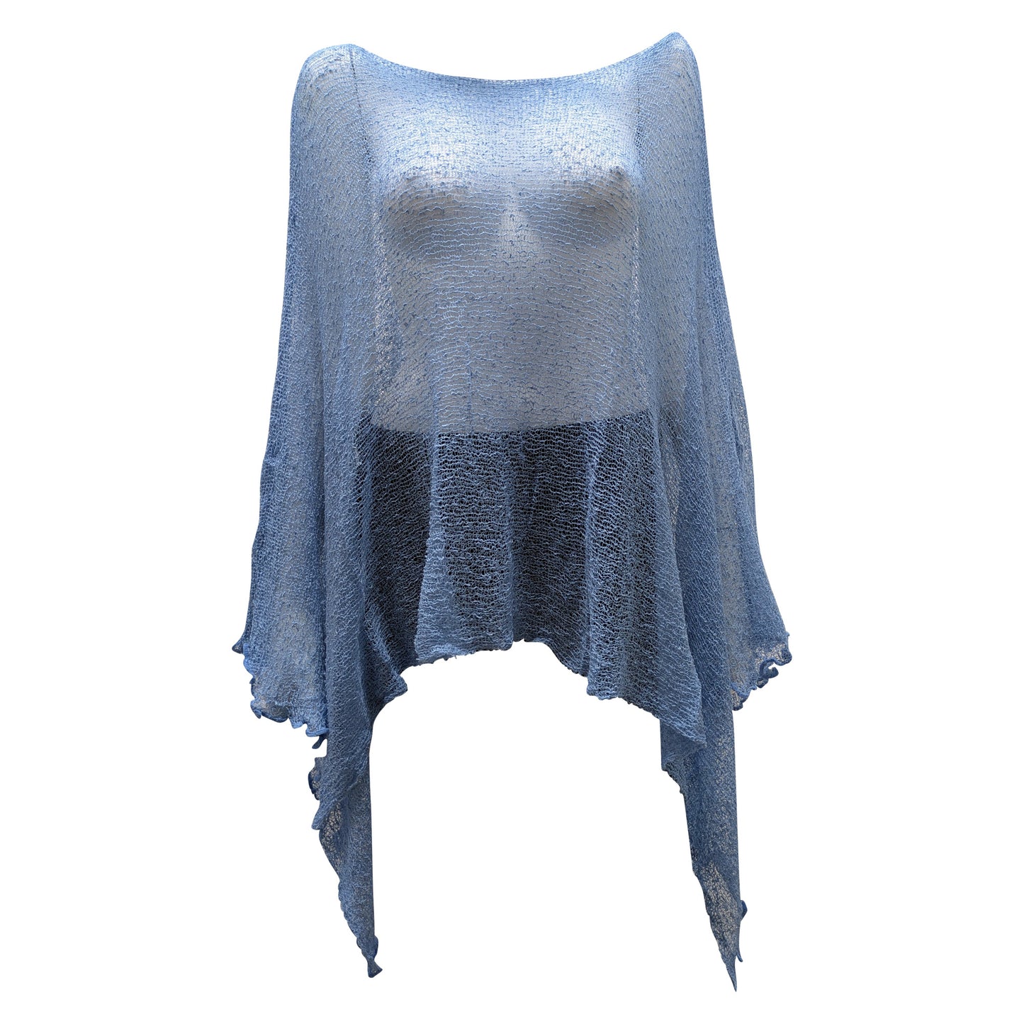 Plus Size Crochet Knit Poncho: Boho Pullover Shawl, Free Size 8-26 - Mid Blue