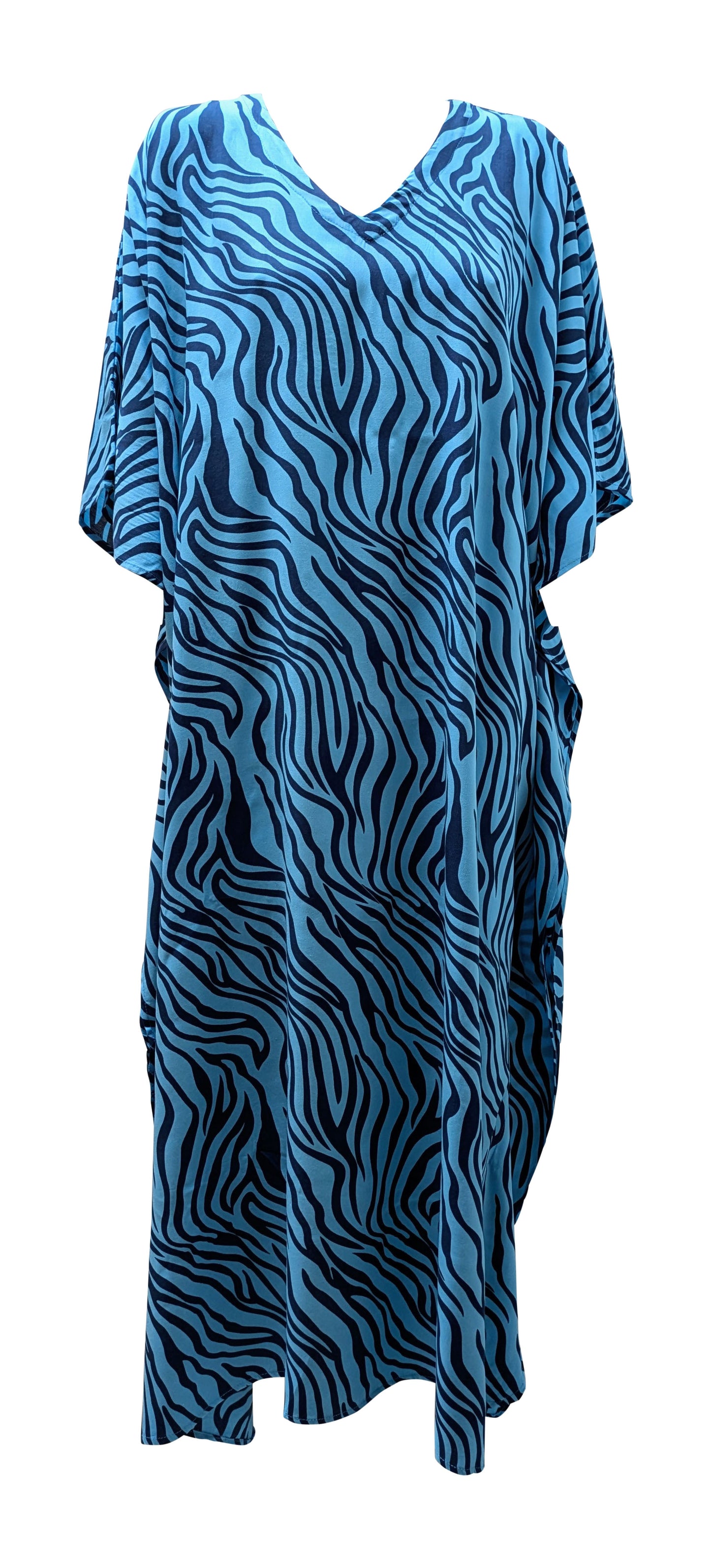 Women's Plus Size Kaftan Handmade Boho Zebra stripe Maxi Batwing Loungewear Free Size Up To 34 Blue