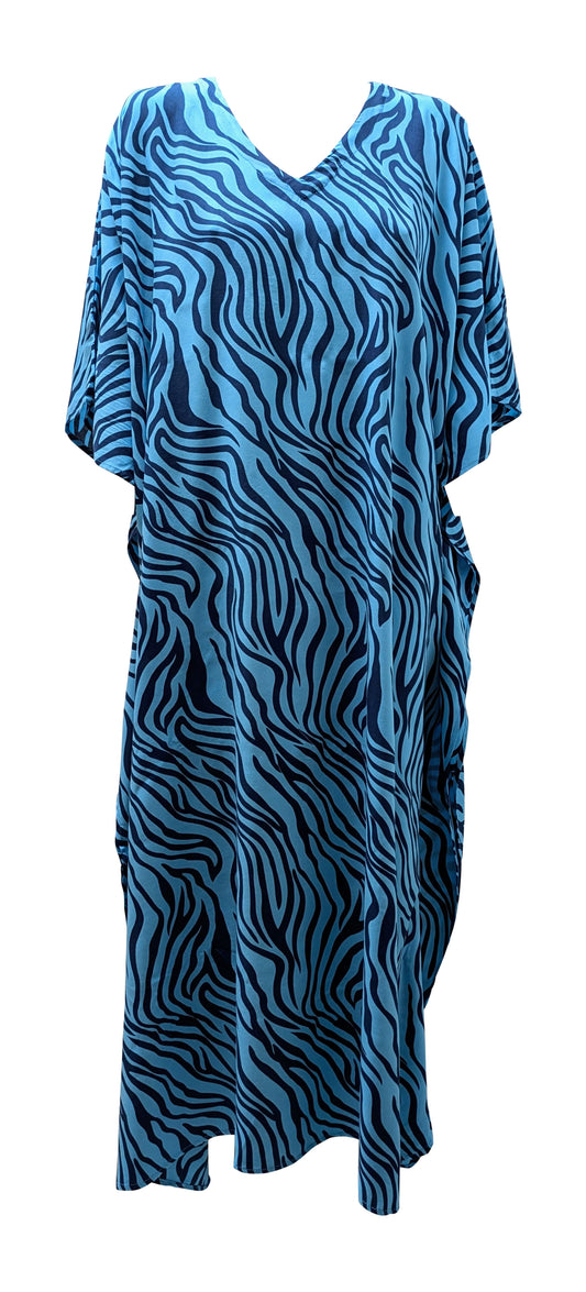 Women's Plus Size Kaftan Handmade Boho Zebra stripe Maxi Batwing Loungewear Free Size Up To 34 Blue