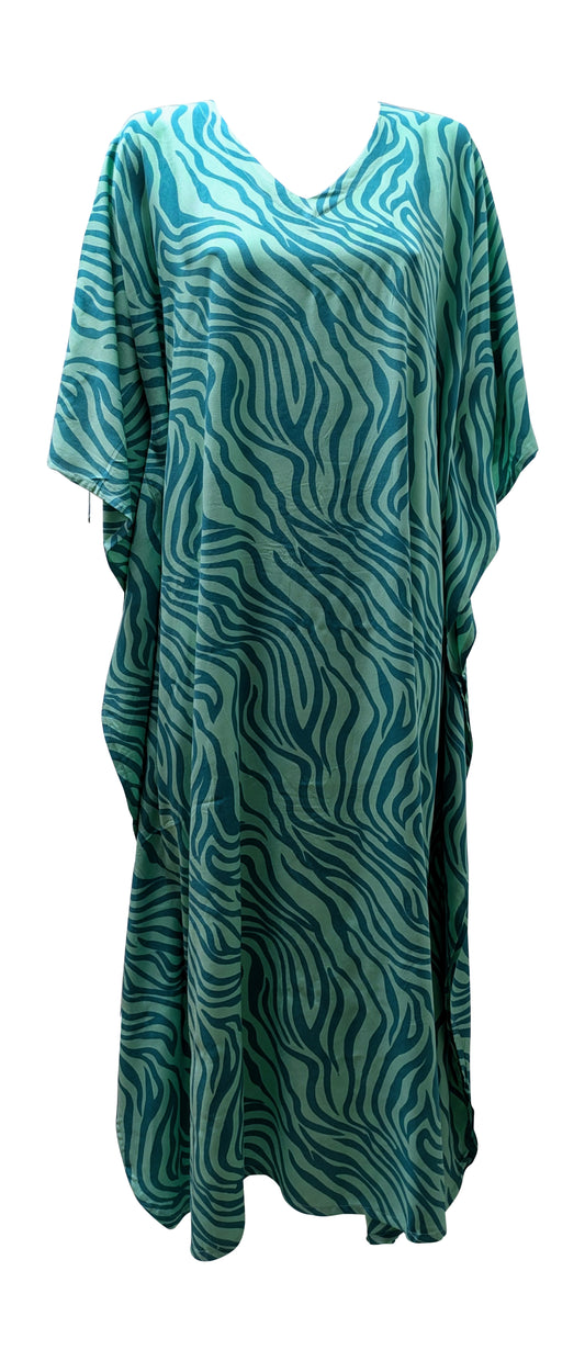 Women's Plus Size Kaftan Handmade Boho Zebra stripe Maxi Batwing Loungewear Free Size Up To 34 Turquoise