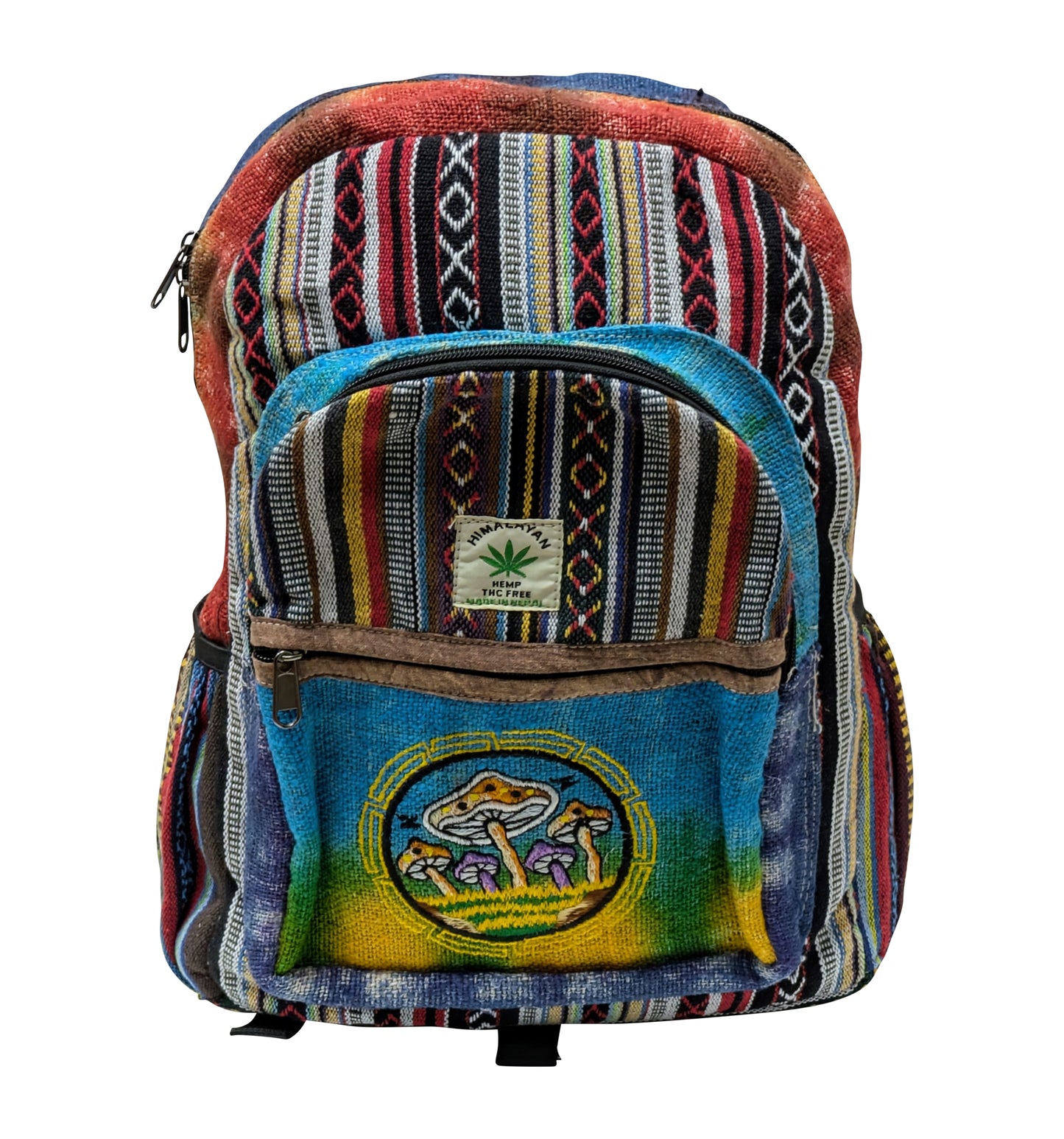 Himalayan Handmade Natural Hemp Cotton Tie-Dye Mushroom Embroidered Eco-Friendly Backpack with Multi Pockets Sustainable Travel Bag P1