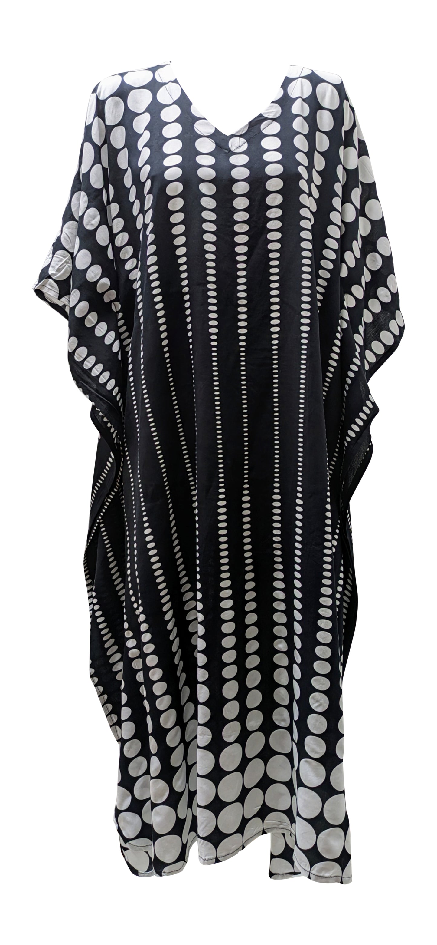Women's Plus Size Kaftan Handmade Boho Polka Dot Maxi Batwing Loungewear Free Size Up To 36 Black