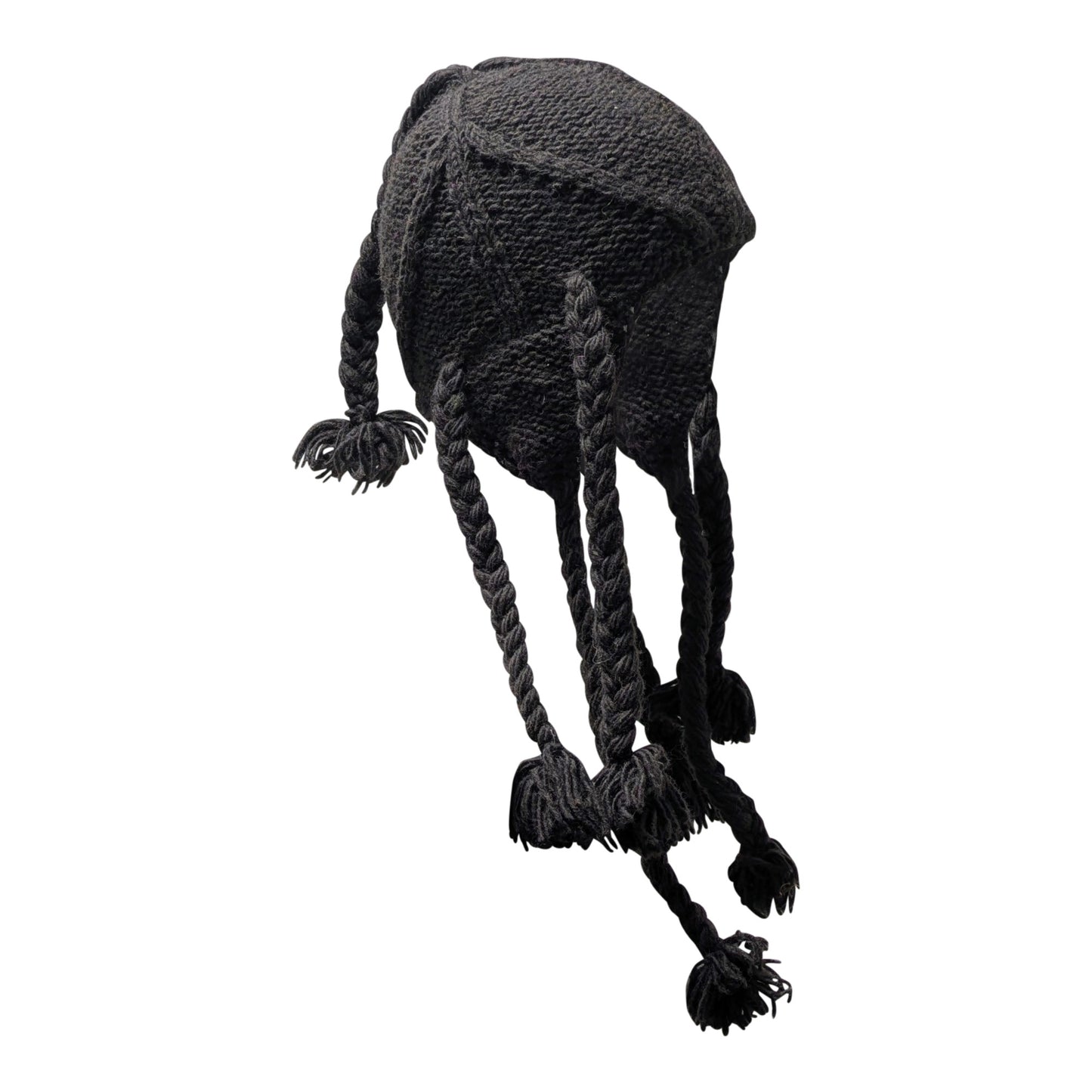 Recycled Wool Beanie: Hand Knit Boho Tassel Winter Cap - BROWN