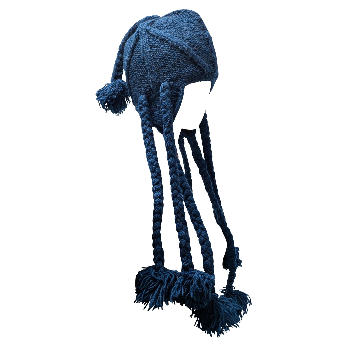 Recycled Wool Beanie: Hand Knit Boho Tassel Winter Cap - TEAL