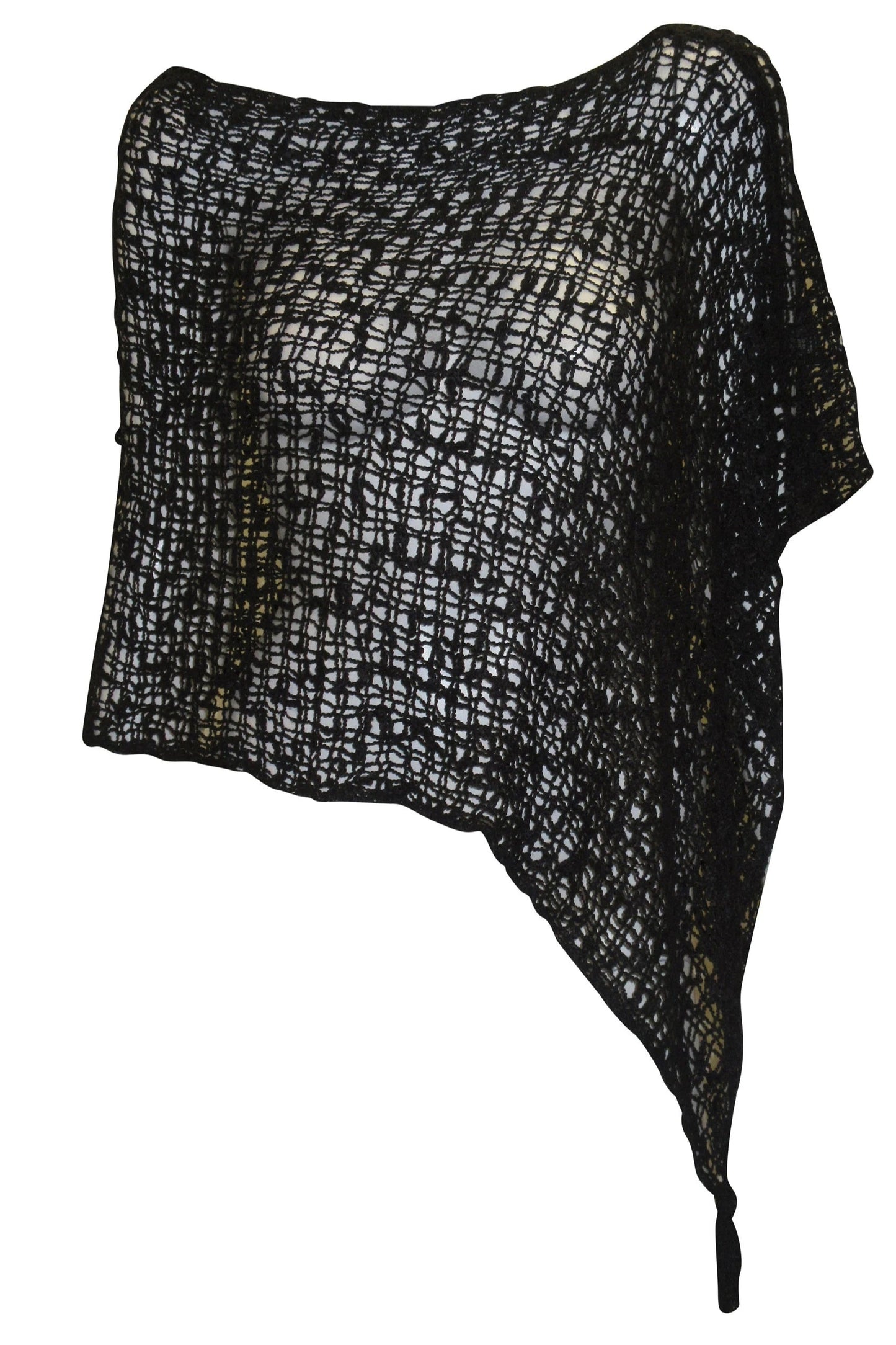 Womens Crochet Poncho Asymmetrical Boho Tassel Shawl Pullover Cover up Free Size 8-20 Black