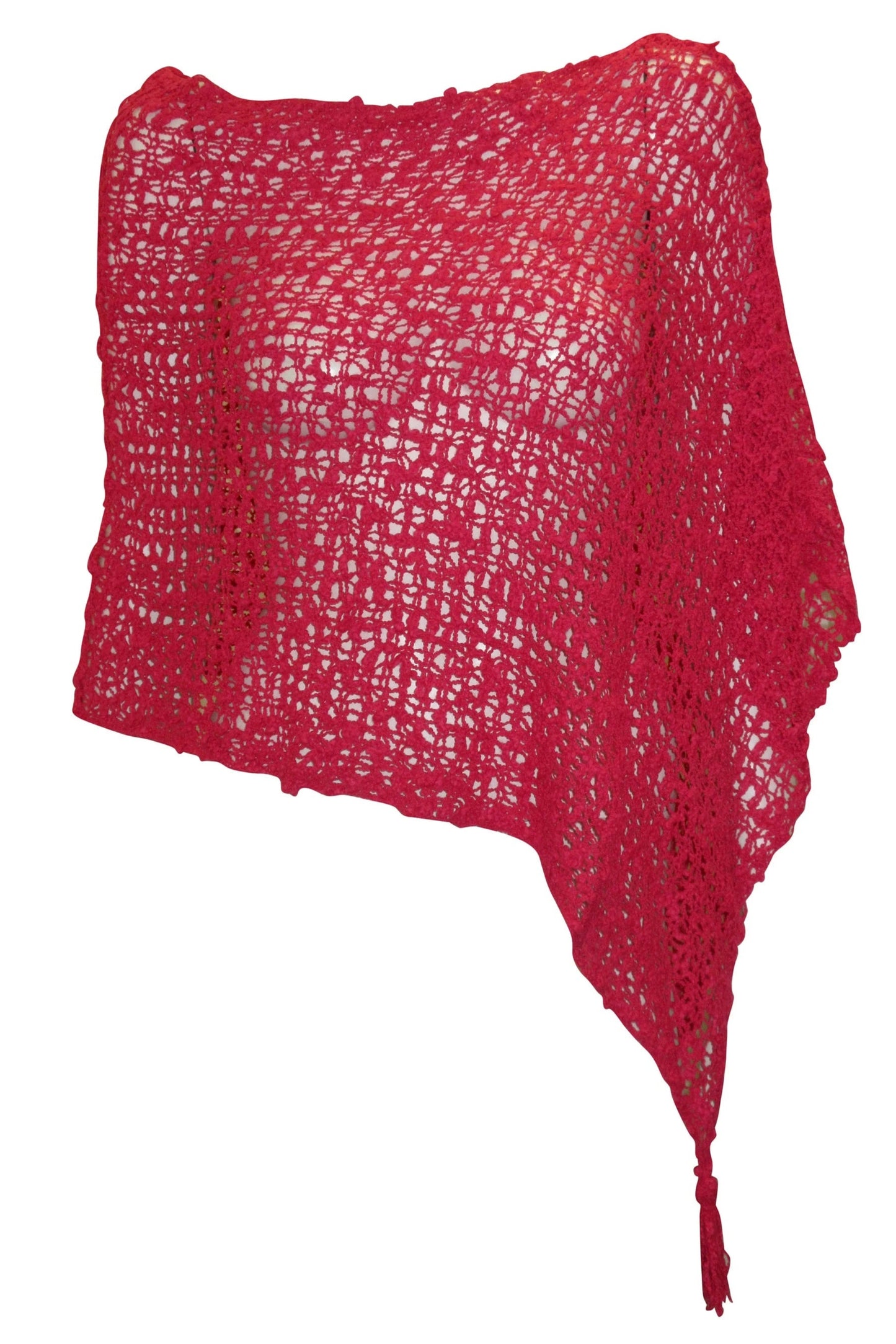 Womens Crochet Poncho Asymmetrical Boho Tassel Shawl Pullover Cover up Free Size 8-20 Hot Pink