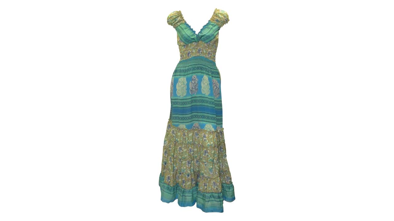 RETRO RECYCLED V NECK RUFFLE HEM MAXI DRESS FREE SIZE UP TO 18 P66