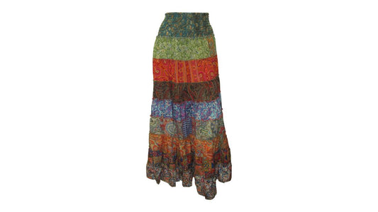 BOHO RECYCLED SARI TIERED SILK ABSTRACT MAXI SKIRT FREE SIZE 8 TO 22 P10
