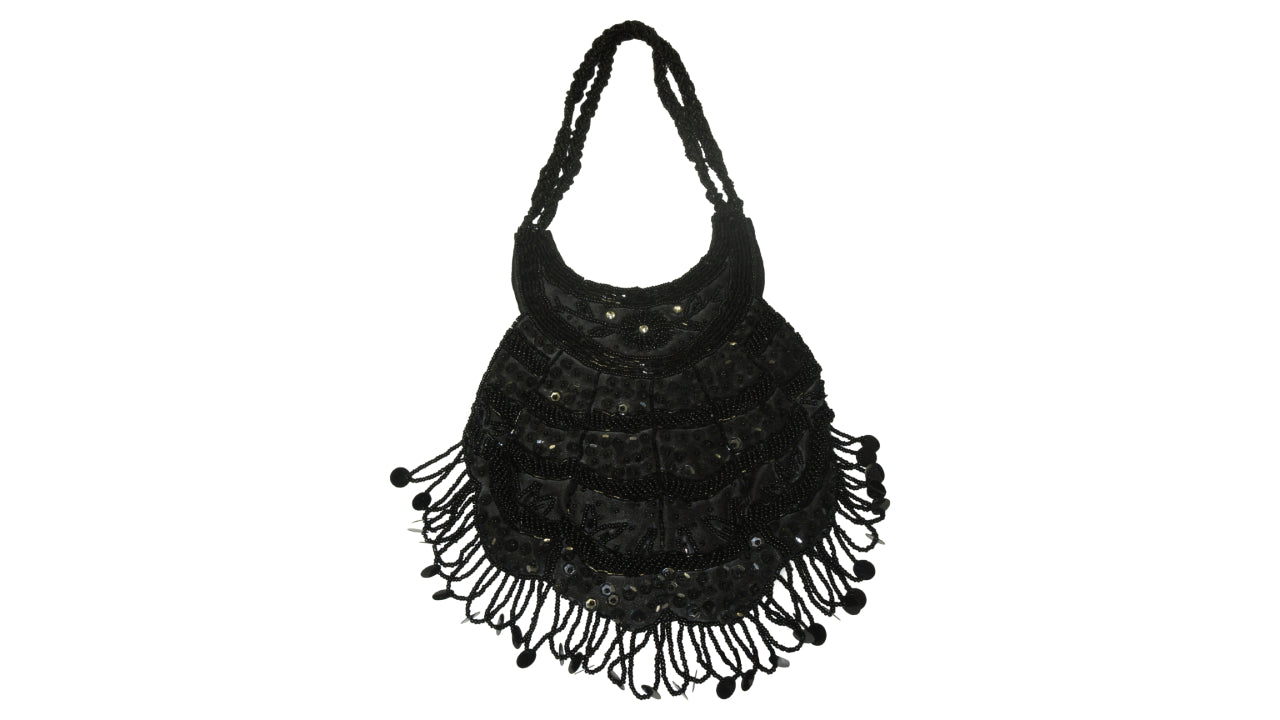 HAND BEADED EMBELLISHED SATIN SEQUIN TASSEL EVENING PURSE VINTAGE 40'S INSPIRED P2