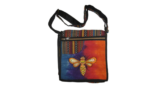 Women's Ladies Hemp Embroidered Aztec Print Honeybee Messenger Bag Front Zip Detail p1