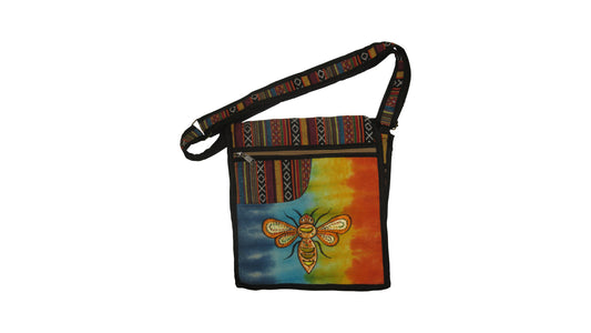 Women's Ladies Hemp Embroidered Aztec Print Honeybee Messenger Bag Front Zip Detail p2