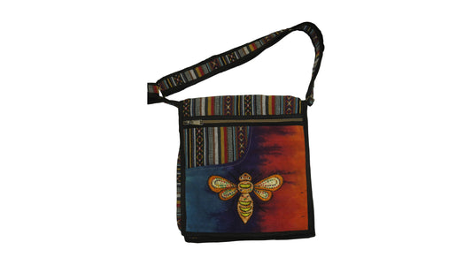 Women's Ladies Hemp Embroidered Aztec Print Honeybee Messenger Bag Front Zip Detail p4