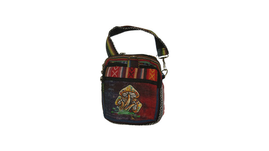Women's Ladies Hemp Embroidered Aztec Print Mushroom Small Crossbody Bag Front Zip Detail P2
