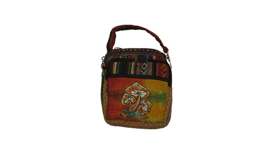 Women's Ladies Hemp Embroidered Aztec Print Mushroom Small Crossbody Bag Front Zip Detail P4