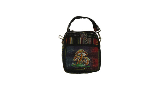 Women's Ladies Hemp Embroidered Aztec Print Mushroom Small Crossbody Bag Front Zip Detail P5