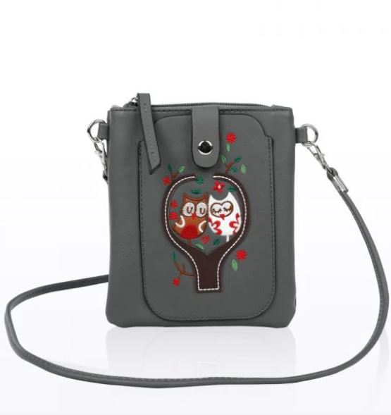 OWL PATTERNED MOBILE PHONE PURSE POUCH WITH DETACHABLE STRAPS BLACK