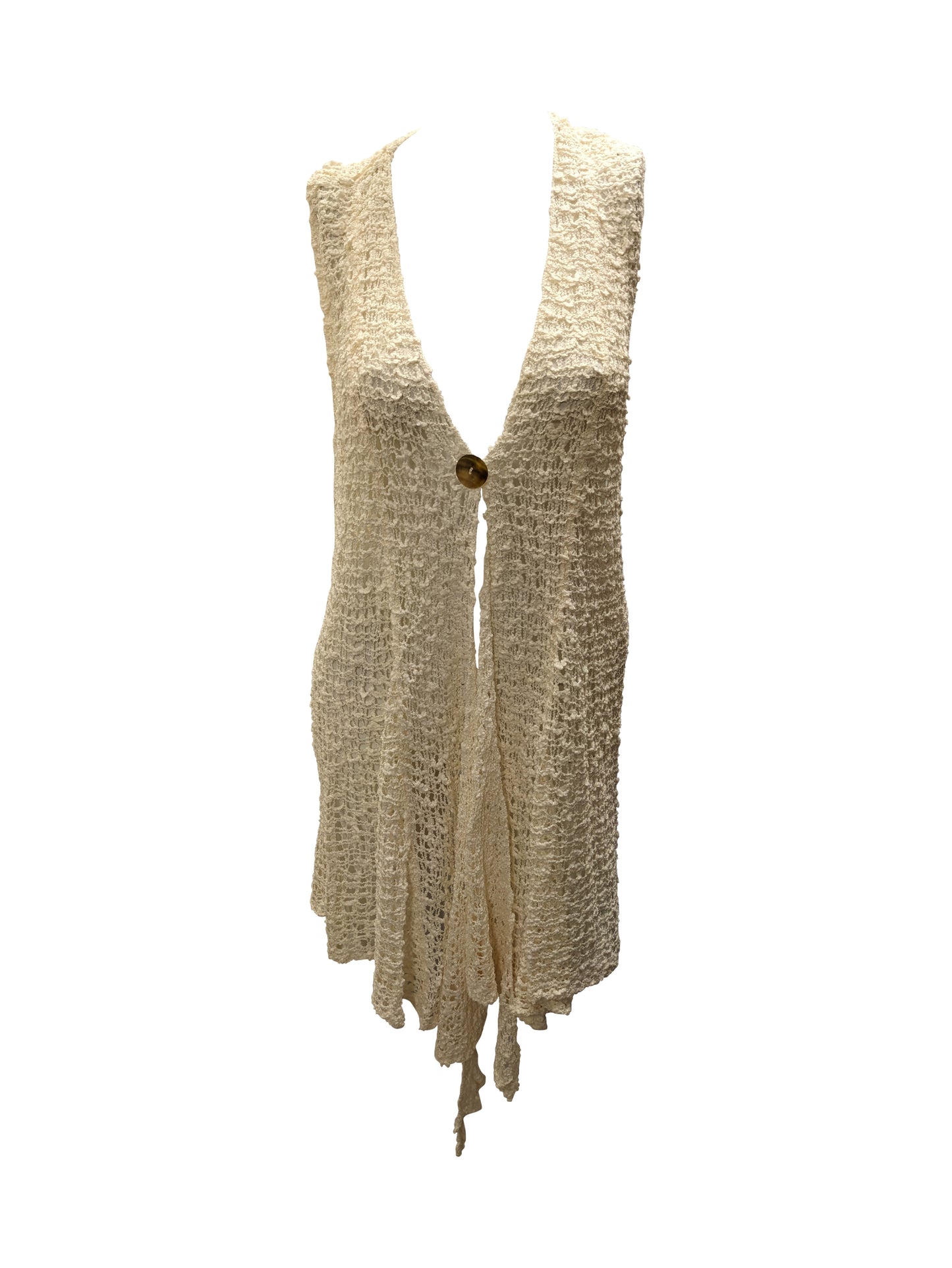 Womens Handmade Boho Crochet Sleeveless Knit Cardigan Longline Jacket Free Size One Size UK 8-20 Ivory