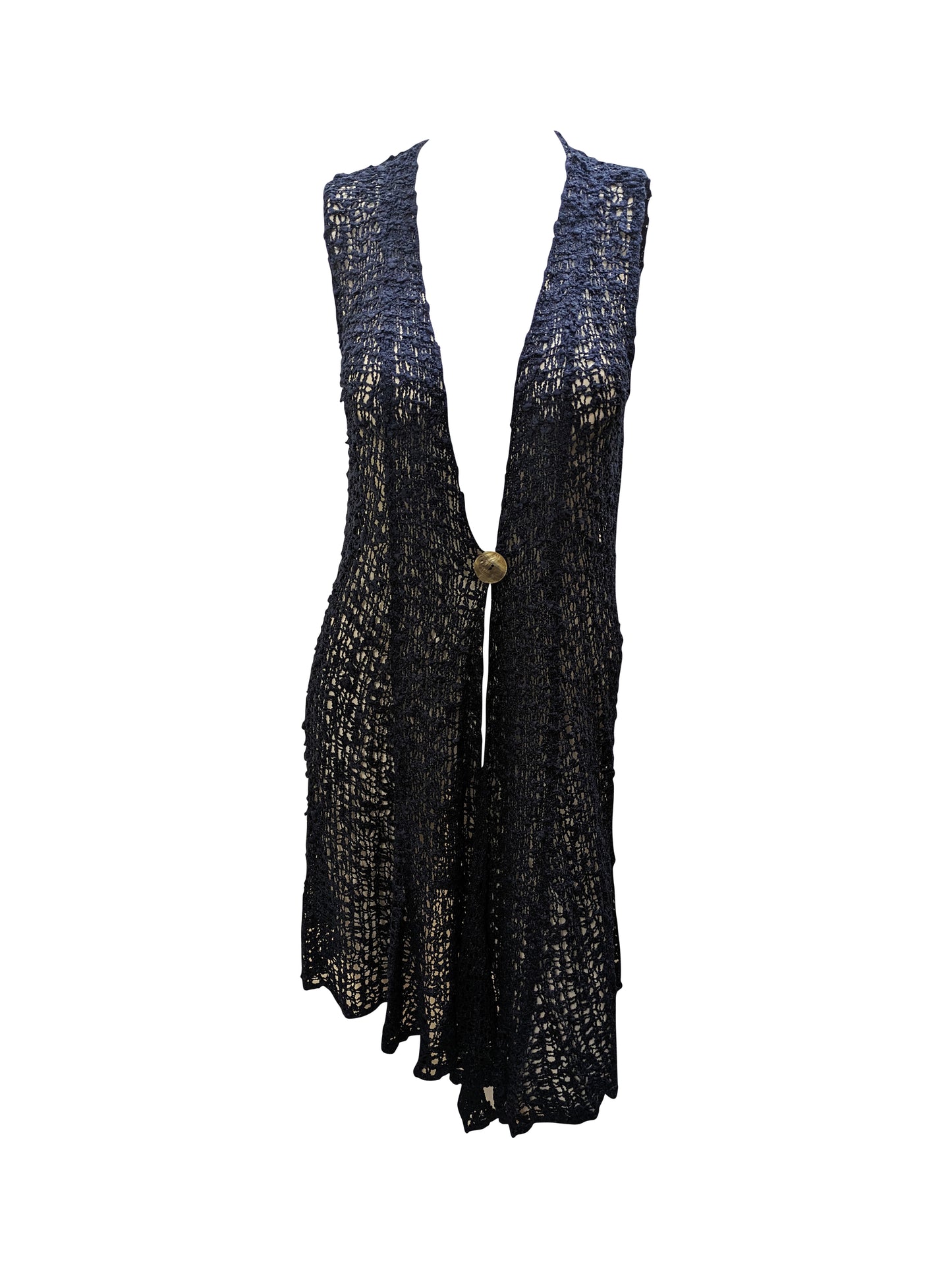 Womens Handmade Boho Crochet Sleeveless Knit Cardigan Longline Jacket Free Size One Size UK 8-20 Navy