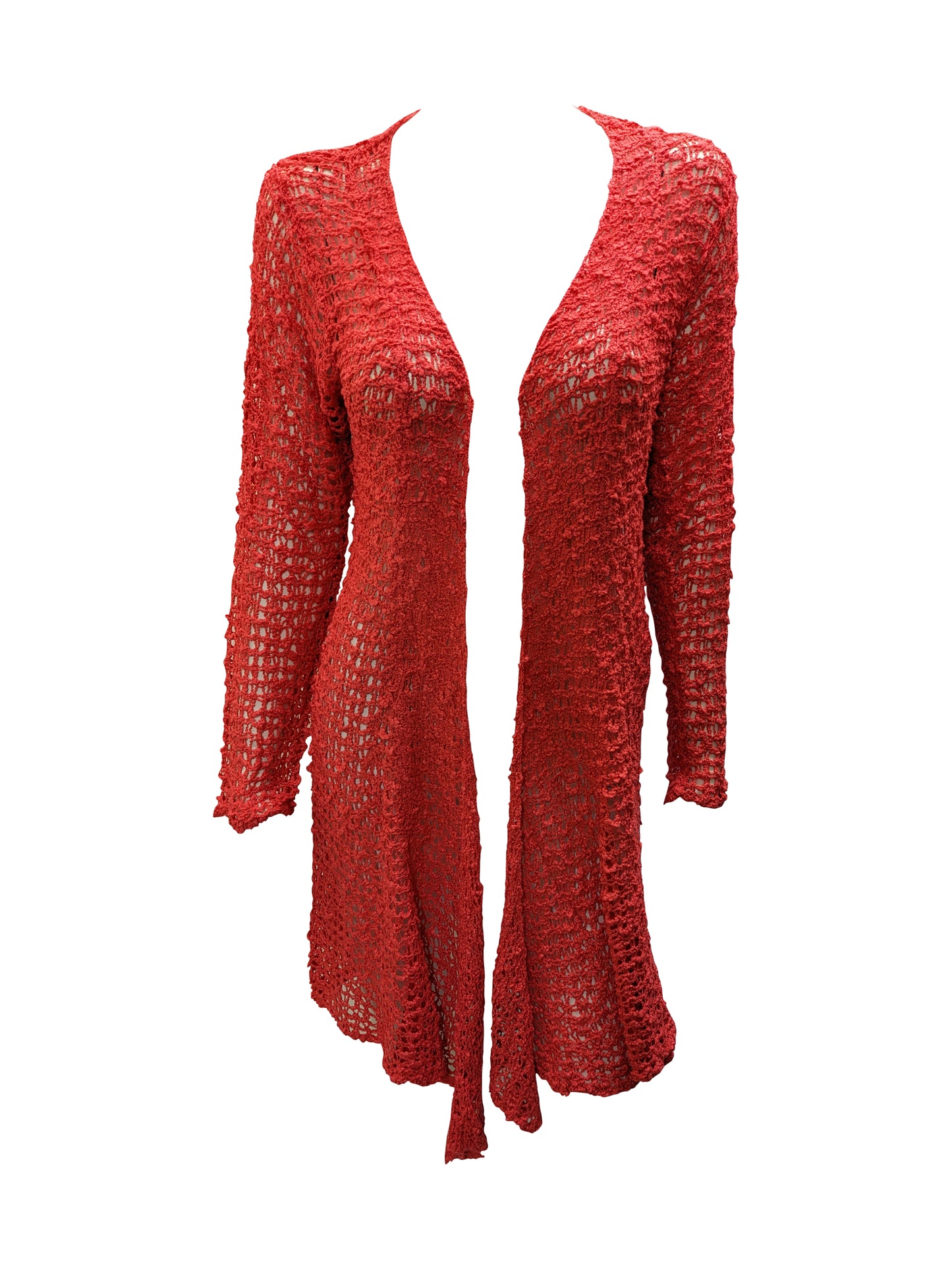 Womens Handmade Boho Crochet Long Sleeve Knit Cardigan Longline Jacket Free Size One Size UK 8-20 - CORAL