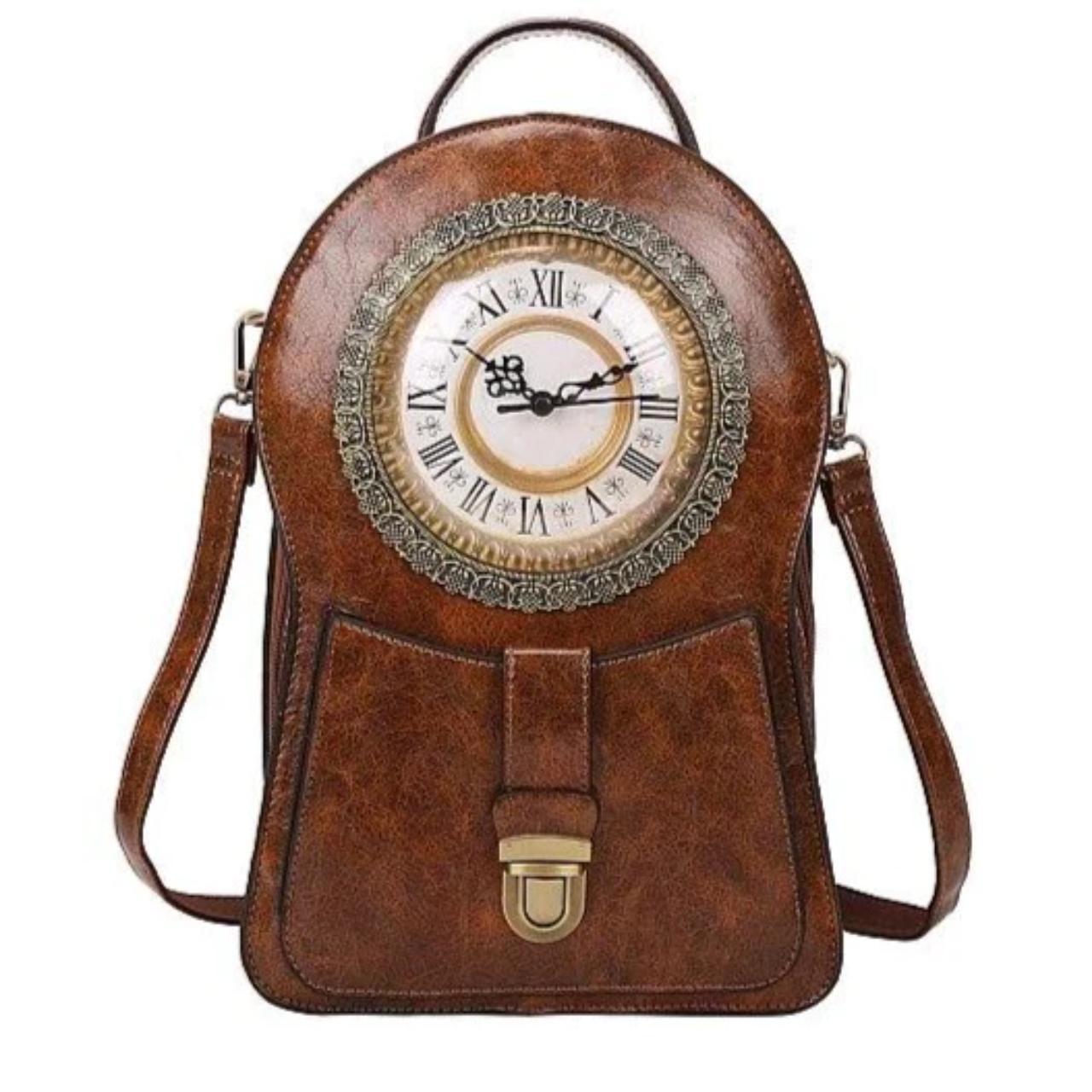 VINTAGE STATEMENT CONVERTIBLE ANTIQUE CLOCK BACKPACK CROSS BODY MESSENGER BAG BROWN