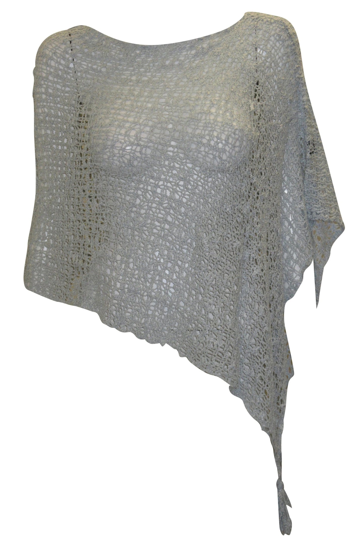 Womens Crochet Poncho Asymmetrical Boho Tassel Shawl Pullover Cover up Free Size 8-20 Powder Blue