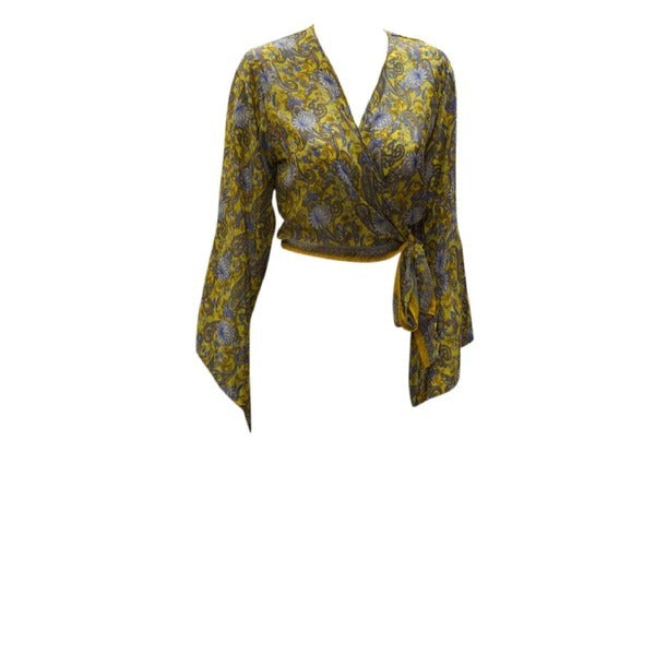 RETRO BELL SLEEVES FRONT KNOT CROP TOP WRAP BLOUSE FREE SIZE UP TO 16 P105