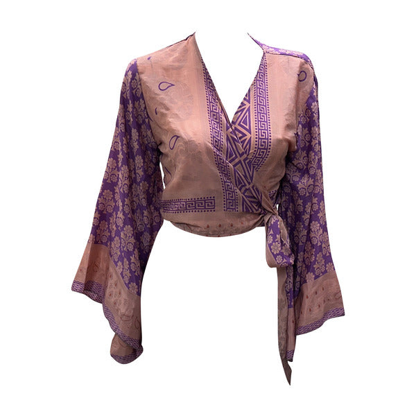 RETRO BELL SLEEVES FRONT KNOT CROP TOP WRAP BLOUSE FREE SIZE UP TO 16 P110