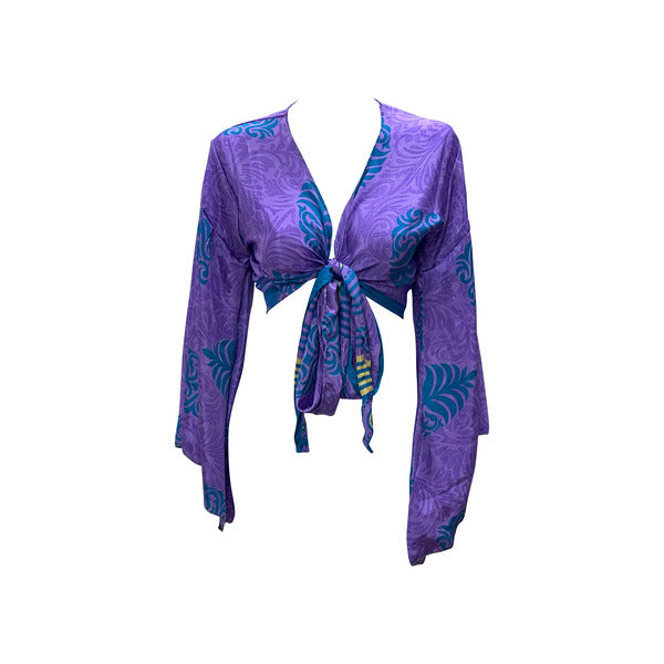 RETRO BELL SLEEVES FRONT KNOT CROP TOP WRAP BLOUSE FREE SIZE UP TO 16 P111