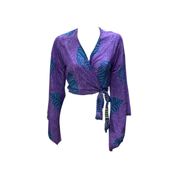 RETRO BELL SLEEVES FRONT KNOT CROP TOP WRAP BLOUSE FREE SIZE UP TO 16 P111