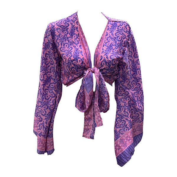 RETRO BELL SLEEVES FRONT KNOT CROP TOP WRAP BLOUSE FREE SIZE UP TO 16 P112