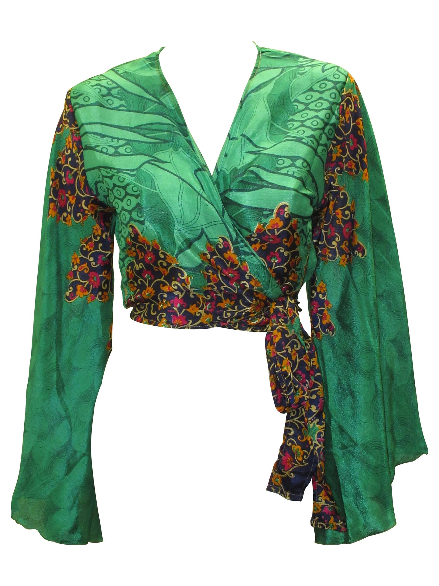 RETRO BELL SLEEVES FRONT KNOT CROP TOP WRAP BLOUSE FREE SIZE UP TO 16 P16
