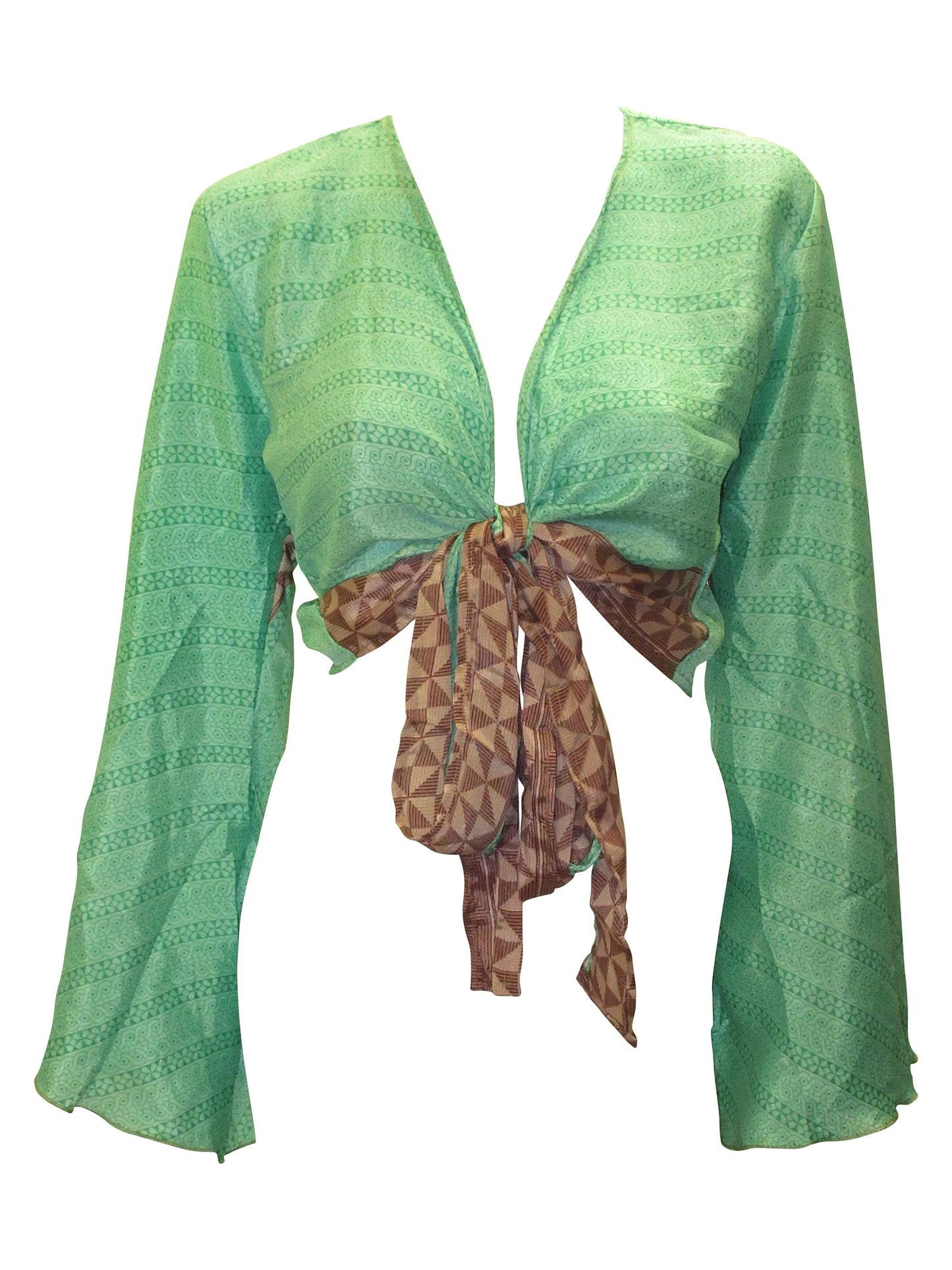 RETRO BELL SLEEVES FRONT KNOT CROP TOP WRAP BLOUSE FREE SIZE UP TO 16 P36