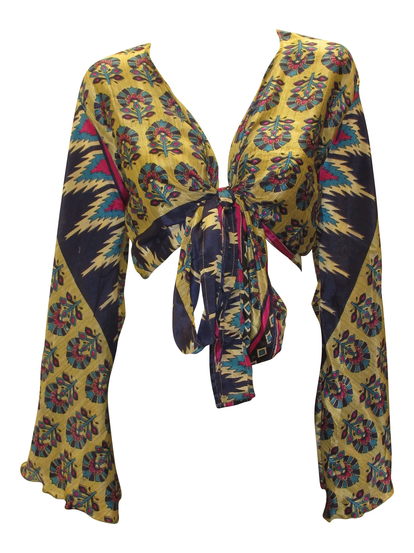 RETRO BELL SLEEVES FRONT KNOT CROP TOP WRAP BLOUSE FREE SIZE UP TO 16 P38