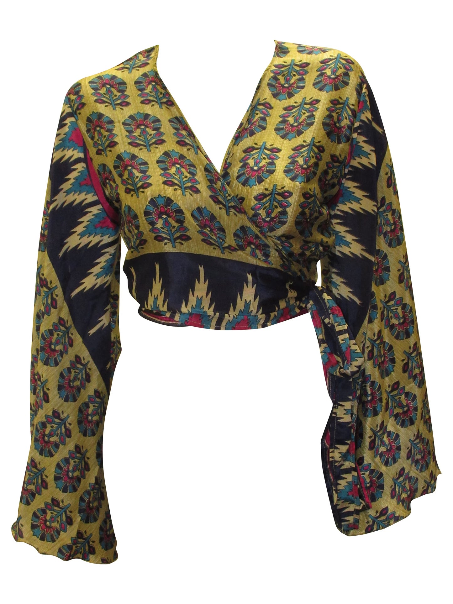 RETRO BELL SLEEVES FRONT KNOT CROP TOP WRAP BLOUSE FREE SIZE UP TO 16 P38