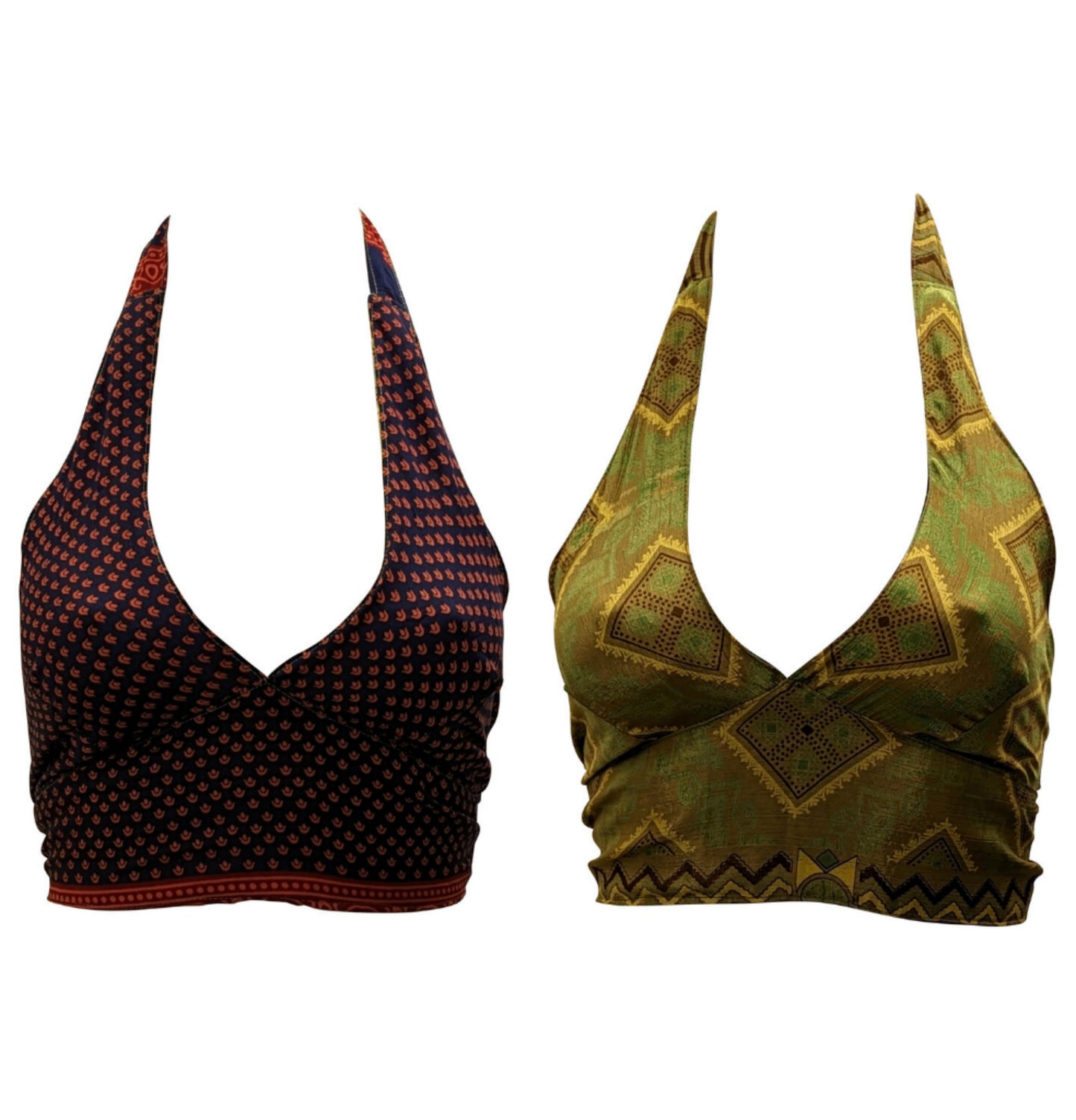 Recycled Reversible Retro Crop Top Boho Festival Halterneck Bralette One Size P169