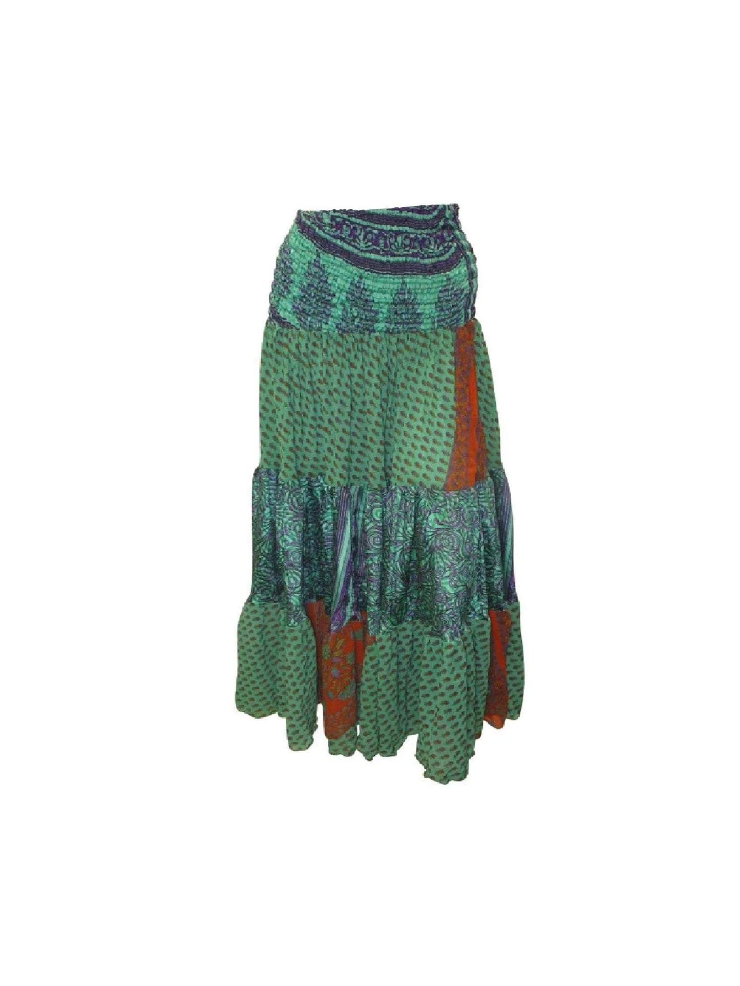 Upcycled 2in1 Skirt and Dress Retro Shirred Festival Boho Tiered Flowy Maxi Free Size Up To 20 P111