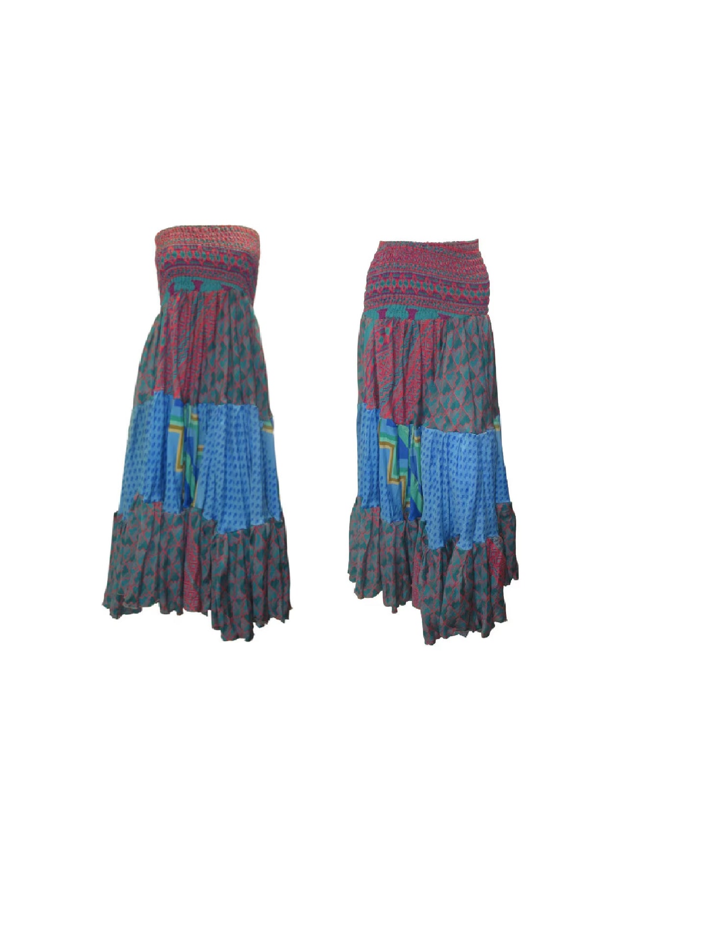 Upcycled 2in1 Skirt and Dress Retro Shirred Festival Boho Tiered Flowy Maxi Free Size Up To 20 P112