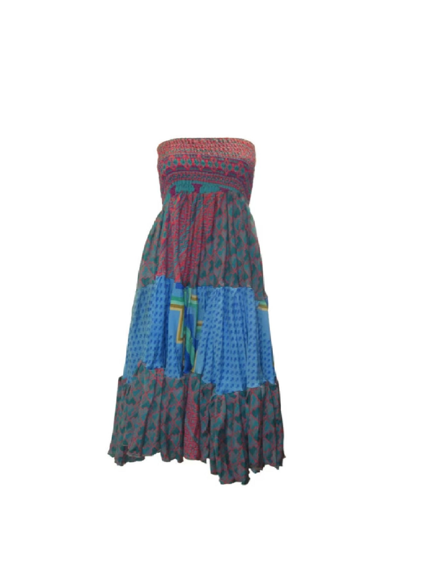 Upcycled 2in1 Skirt and Dress Retro Shirred Festival Boho Tiered Flowy Maxi Free Size Up To 20 P112