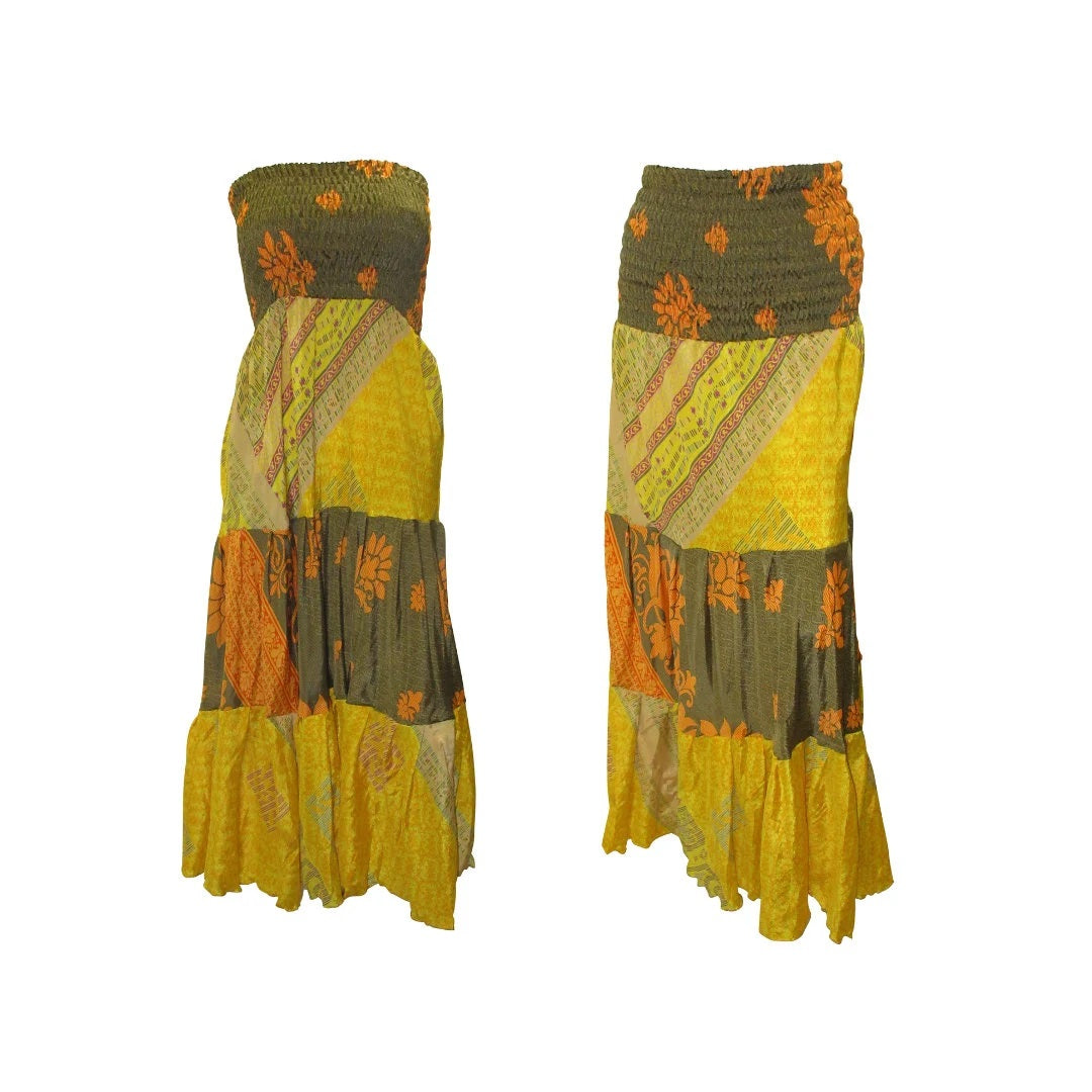 Upcycled 2in1 Skirt and Dress Retro Shirred Festival Boho Tiered Flowy Maxi Free Size Up To 20 P120
