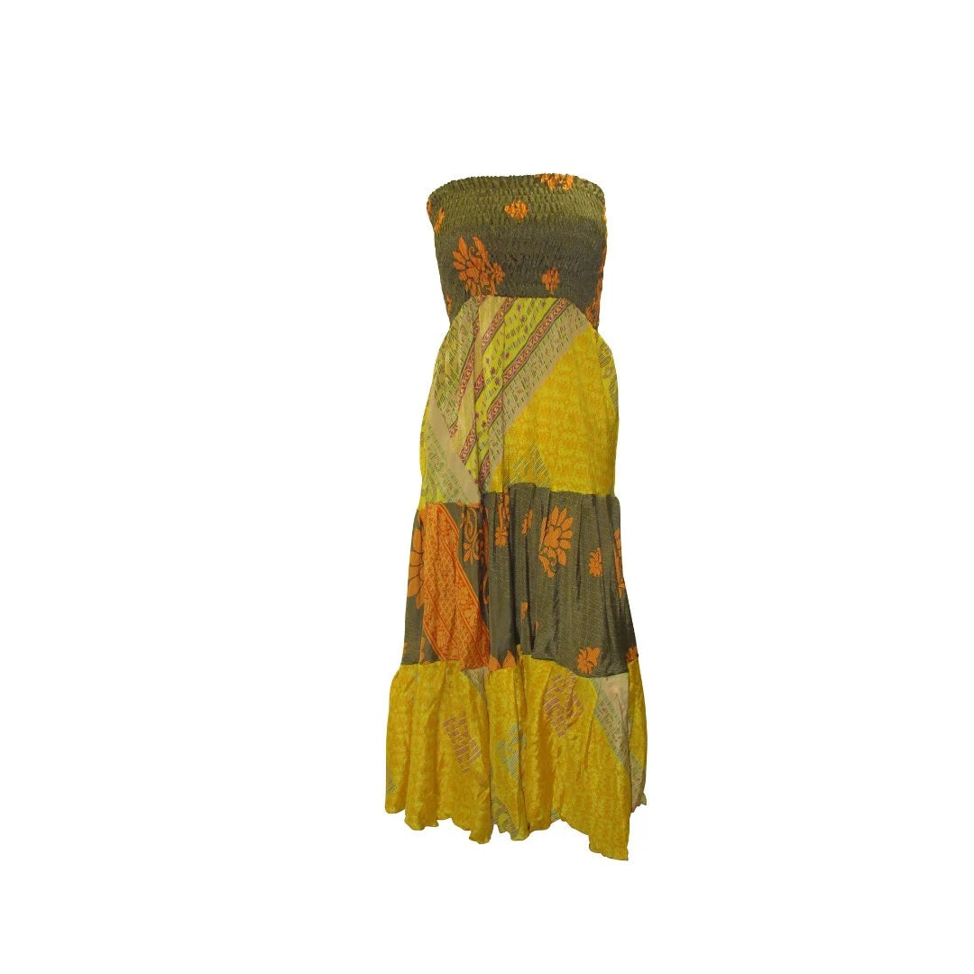 Upcycled 2in1 Skirt and Dress Retro Shirred Festival Boho Tiered Flowy Maxi Free Size Up To 20 P120