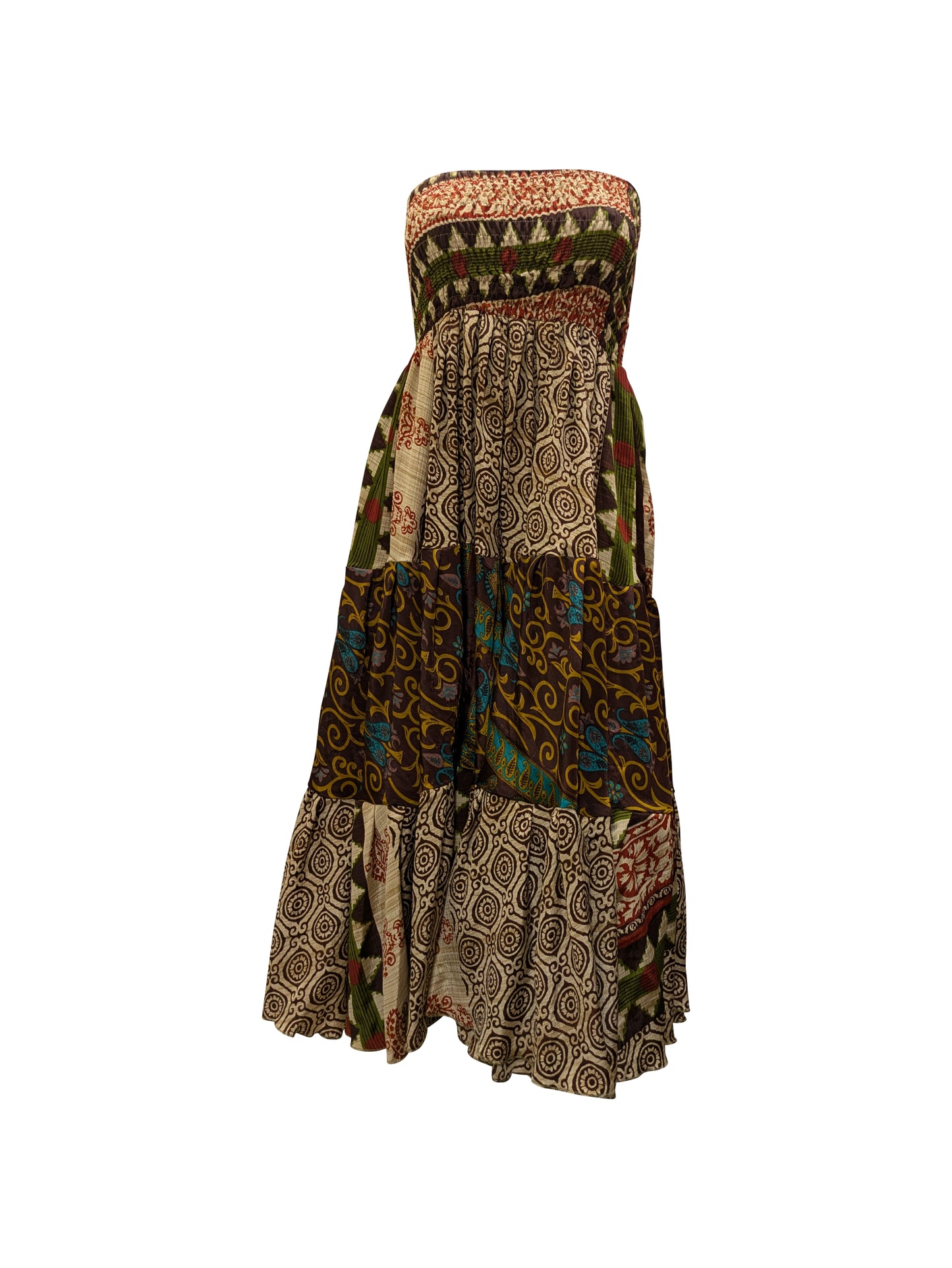 Upcycled 2in1 Skirt and Dress Retro Shirred Festival Boho Tiered Flowy Maxi Free Size Up To 20 P34