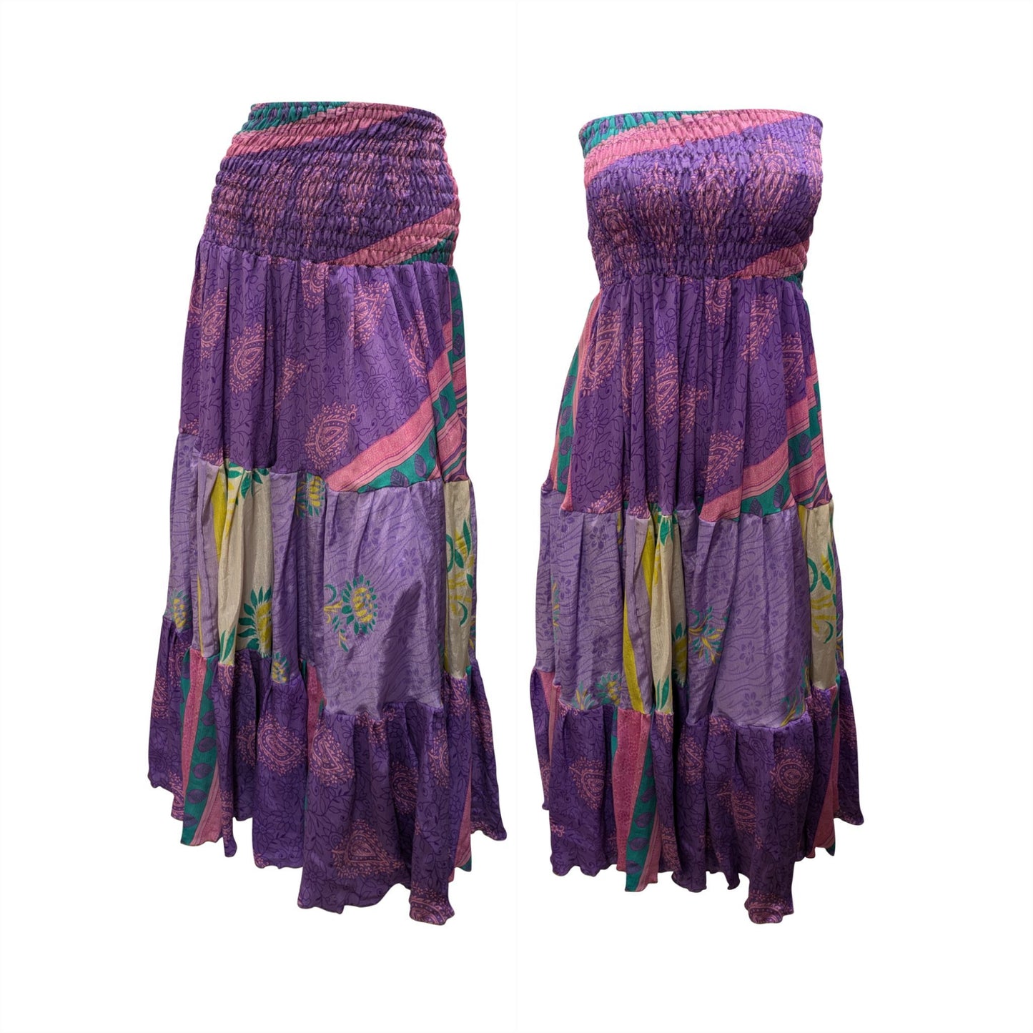 Upcycled 2in1 Skirt and Dress Retro Shirred Festival Boho Tiered Flowy Maxi Free Size Up To 20 P39